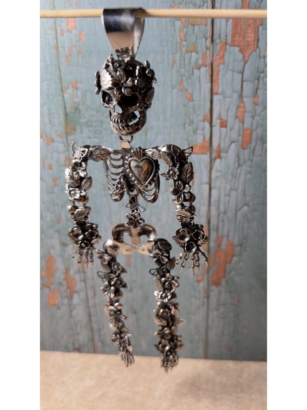 925 Sterling Silver Day of the Dead Articulated Skeleton Pendant 7”